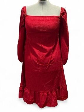 Yesfashion Red Long-Sleeve Square Neck Smocked Midi Dress